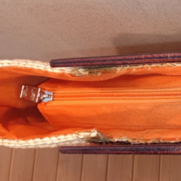 Sun N' Sand Multi-Color Orange Wicker Basket Bag with Brown Wood Handles - Picture 7 of 11